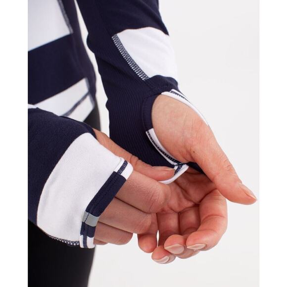 Lululemon Switch Back Long Sleeve Wide Bold Stripe White Deep Indigo Size 6 - Picture 7 of 14